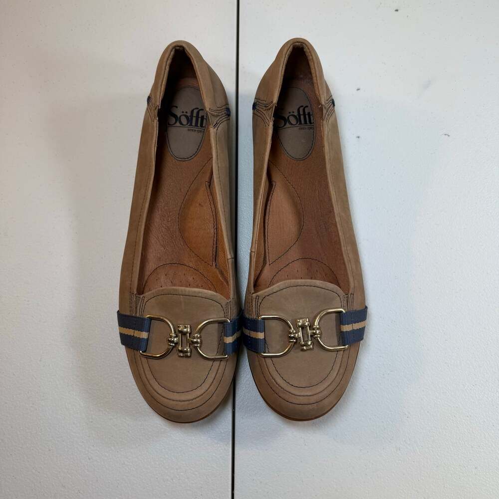Sofft Tan Leather Horsebit Loafers Gold Hardware Blue Stripe Comfort Flats